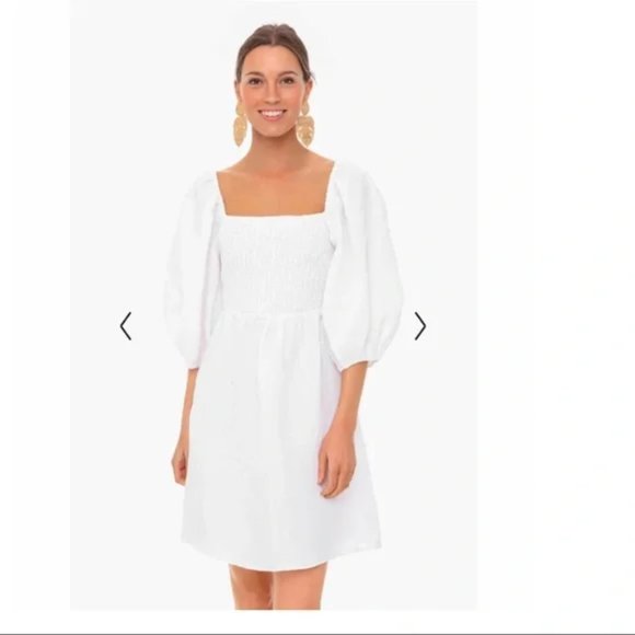 Tuckernuck Smocked Dress 100% Linen Puff Sleeves White Small S, Large L NWOT New - Picture 2 of 14